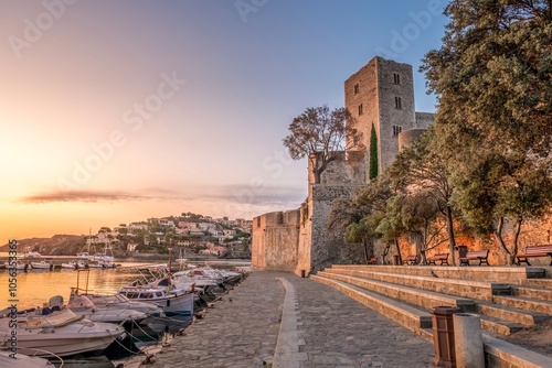 Obraz na płótnie The Royal Castle of Collioure, a huge French royal castle, and the harbor of the city of Collioure, France. w salonie