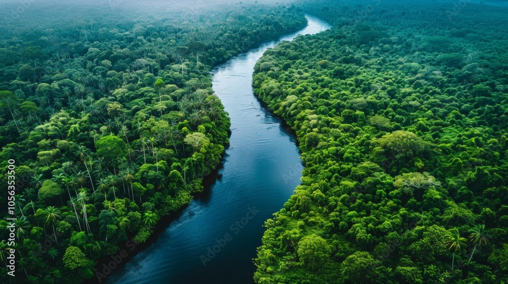 Aerial view of a winding river cutting through a dense, green rainforest. AI generative. . Aerial view of a winding river cutting through a dense, green rainforest. AI generative. .