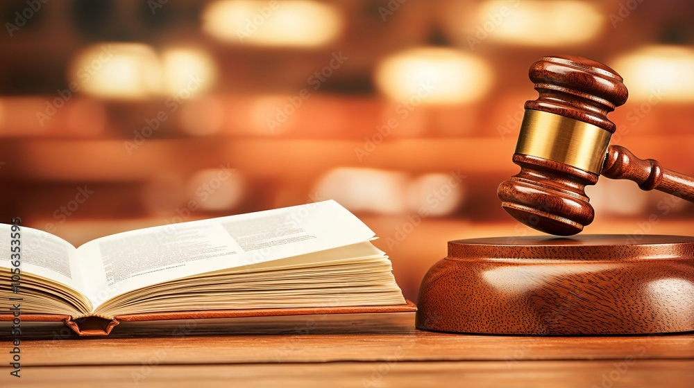 Legal Auction Gavel and Open Law Book on Table Legal Auction Gavel and Open Law Book on Table