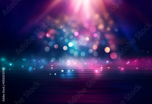 A dark background with a spotlight shining in the center  creating a hazy  colorful bokeh effect.