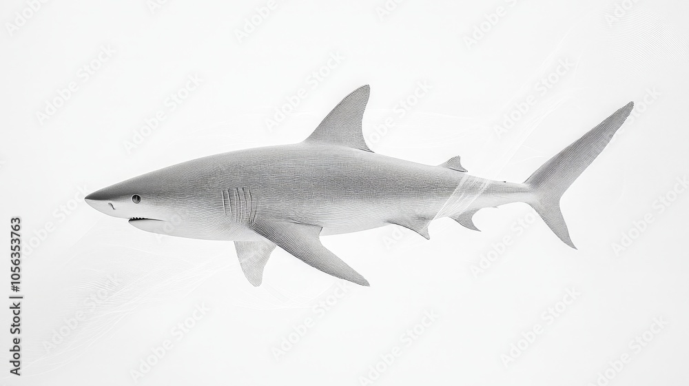 Artistic rendering of a shark swimming underwater, with fine lines and detailed features highlighted against a minimalist white backdrop Artistic rendering of a shark swimming underwater, with fine lines and detailed features highlighted against a minimalist white backdrop
