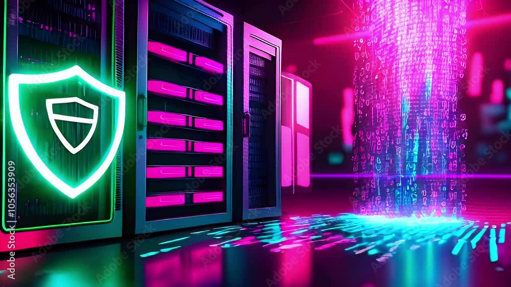Servers in a dark room with neon lights and a glowing shield symbol for security. Servers in a dark room with neon lights and a glowing shield symbol for security.