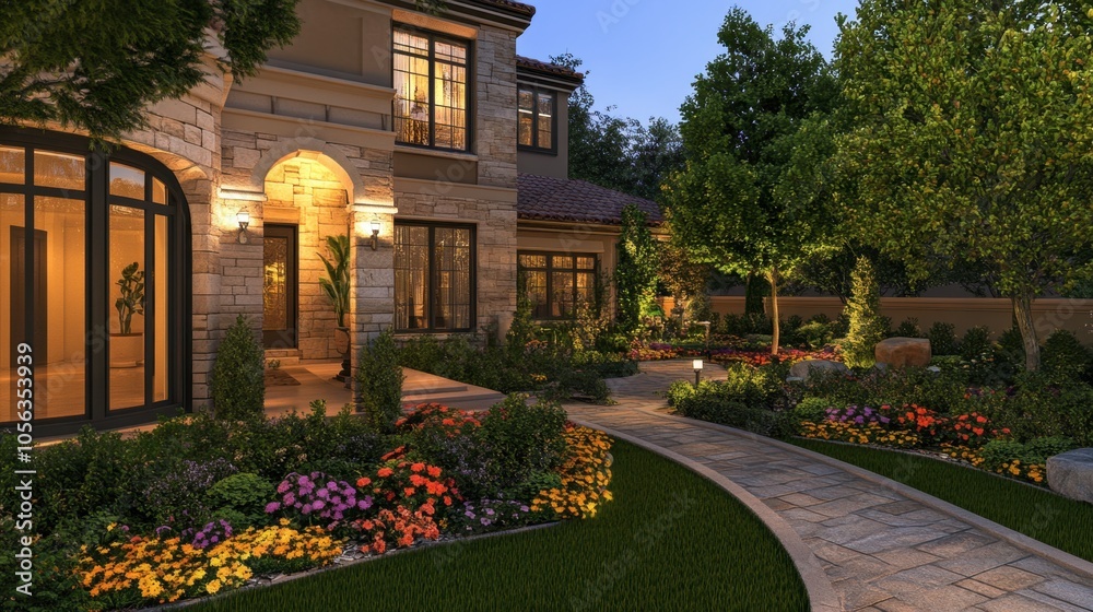 Lush Garden Pathway with Elegant Home at Dusk Lush Garden Pathway with Elegant Home at Dusk