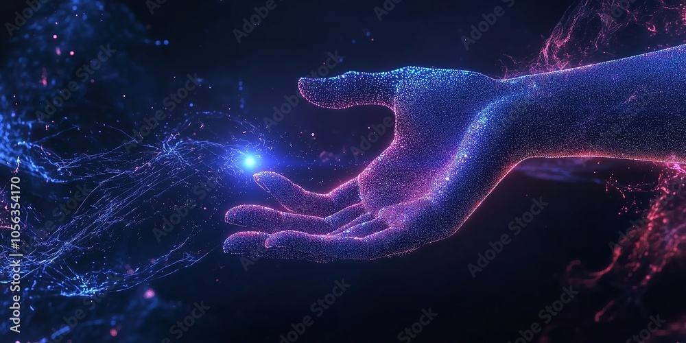 Abstract Hand Interacting with a Glowing Dot, Creating Waves of Light and Digital Symbols in a Futuristic World Abstract Hand Interacting with a Glowing Dot, Creating Waves of Light and Digital Symbols in a Futuristic World