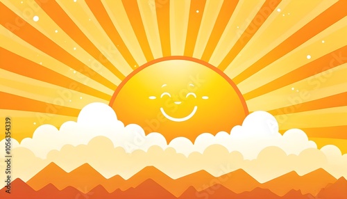 cheerful cartoon-style sunset featuring a smiling orange and yellow sun