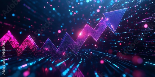 Polygonal Percentage Symbols Surrounding an Upward Arrow, Highlighting Market Growth and Advancements in a Modern Digital Space, Blue and Purple Glowing Lines.
