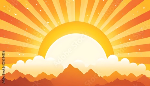 cheerful cartoon-style sunset featuring a smiling orange and yellow sun