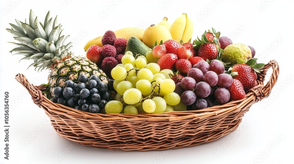 Artistic white backdrop displaying a fruit basket containing a pineapple among a selection of other fruits, capturing the tropical freshness and food appeal Artistic white backdrop displaying a fruit basket containing a pineapple among a selection of other fruits, capturing the tropical freshness and food appeal