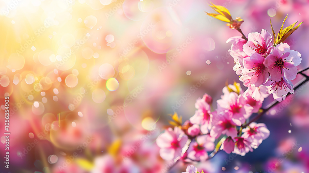 Horizontal banner with pink sakura flowers on a sunny backdrop�beautiful nature spring background with a branch of blooming sakura Horizontal banner with pink sakura flowers on a sunny backdrop�beautiful nature spring background with a branch of blooming sakura