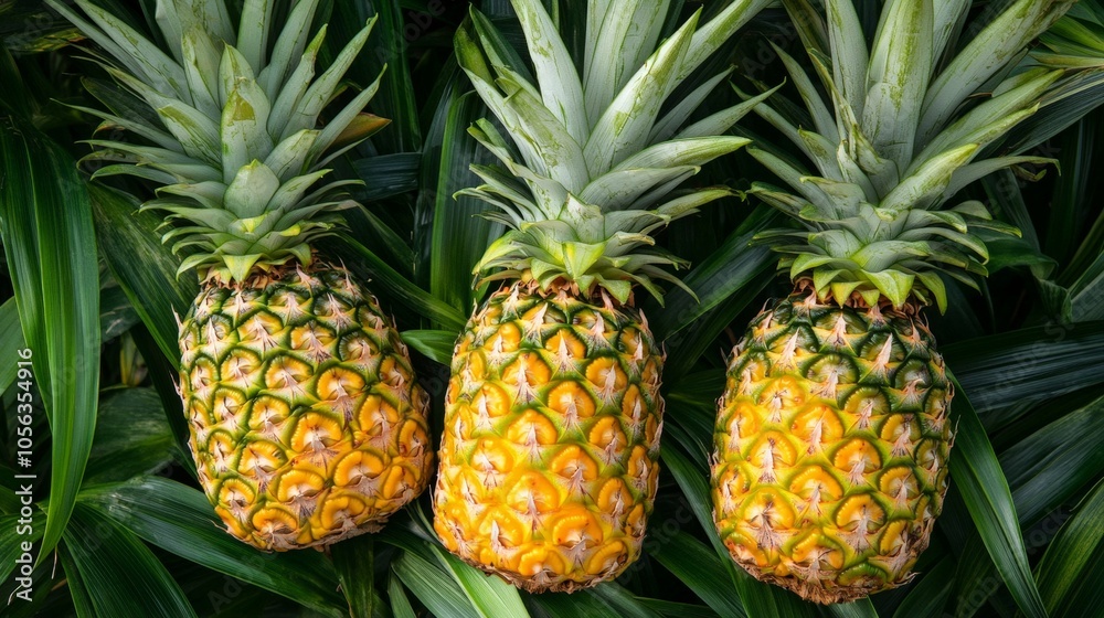 Artistic white backdrop displaying a pineapple fruit with rich yellow skin and green leaves, emphasizing its role as a tropical and nutritious food Artistic white backdrop displaying a pineapple fruit with rich yellow skin and green leaves, emphasizing its role as a tropical and nutritious food