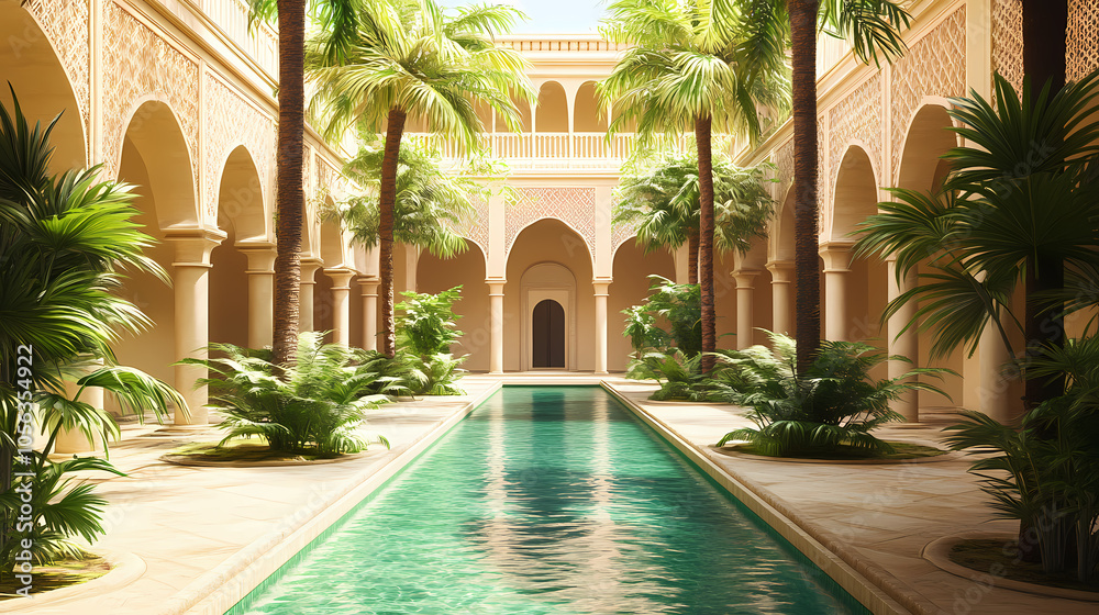 Obraz premium A beautiful courtyard with a long green pool and palm trees. Moorish Courtyard. Illustration