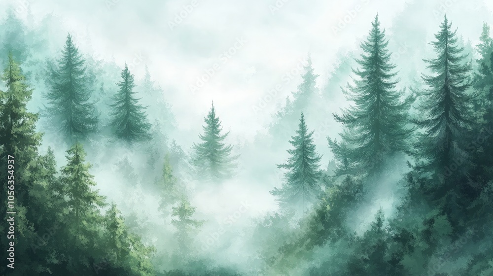 Artistic white backdrop displaying a serene evergreen forest, with mist swirling among the trees, creating a calm and ethereal landscape Artistic white backdrop displaying a serene evergreen forest, with mist swirling among the trees, creating a calm and ethereal landscape