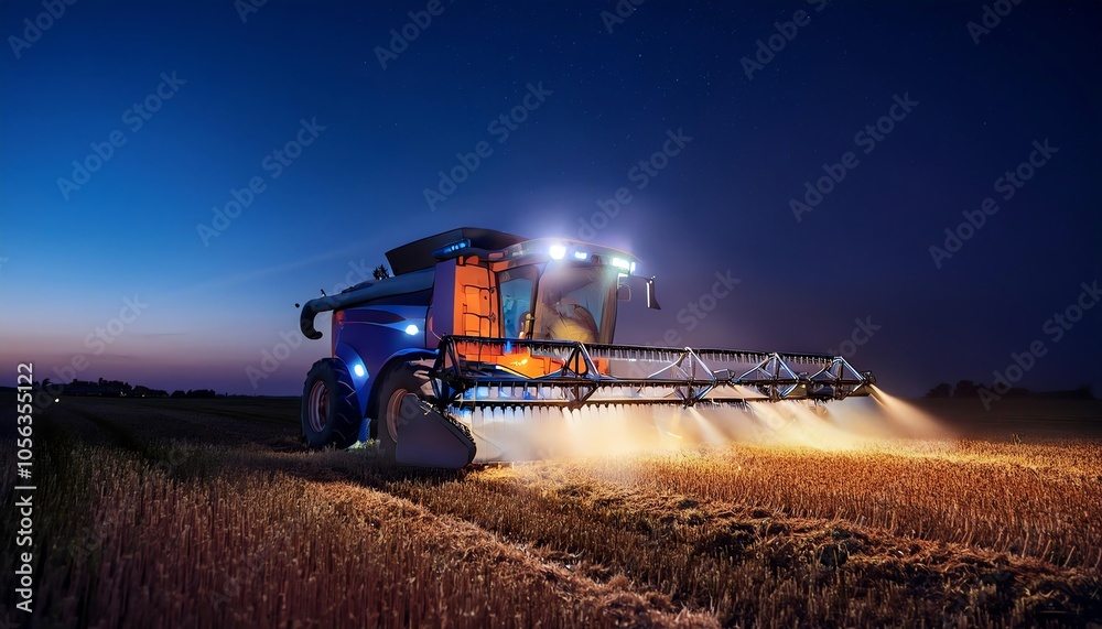 Obraz premium A night-time agricultural scene featuring a modern sprayer working on a field, illuminated by bright lights, showcasing precision farming technology.