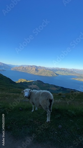 A sheep walking on the Mount Roy, Roys peak in Wanaka, South Island, New Zealand. Sheep on the mountain