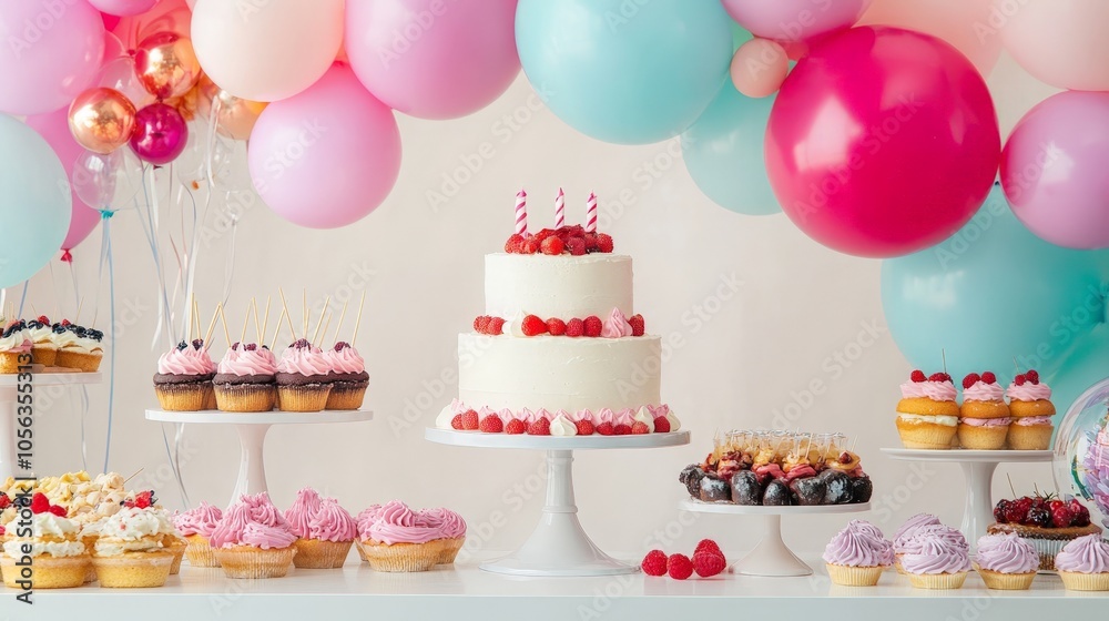 Artistic white backdrop featuring a charming birthday cake, colorful balloons, and delicious desserts, capturing the spirit of a joyful birthday event Artistic white backdrop featuring a charming birthday cake, colorful balloons, and delicious desserts, capturing the spirit of a joyful birthday event