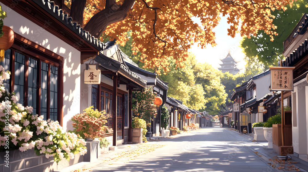 Serene beauty of an ancient chinese town woven with golden maple trees and enchanting architecture in a clean vibrant setting Serene beauty of an ancient chinese town woven with golden maple trees and enchanting architecture in a clean vibrant setting