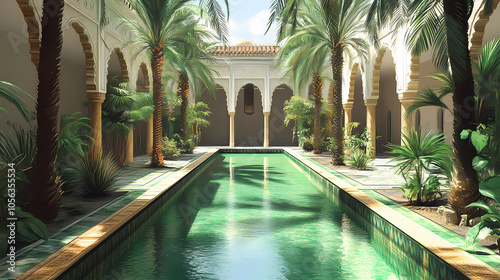 A beautiful courtyard with a long green pool and palm trees. Moorish Courtyard. Illustration