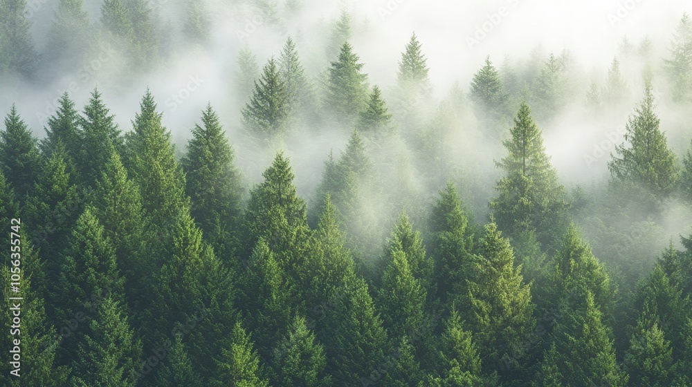 Artistic white backdrop of a tranquil evergreen forest, with mist drifting through the trees, creating a peaceful and serene scene Artistic white backdrop of a tranquil evergreen forest, with mist drifting through the trees, creating a peaceful and serene scene