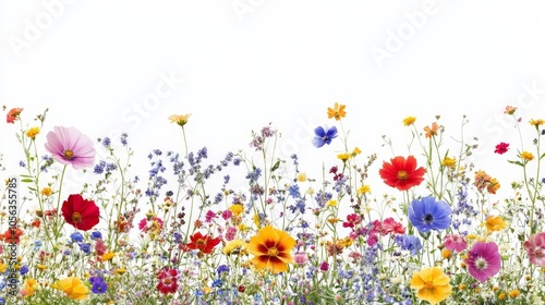 Artistic white backdrop of blooming wildflowers, showcasing a spectrum of colors and vibrant petals against a crisp white background