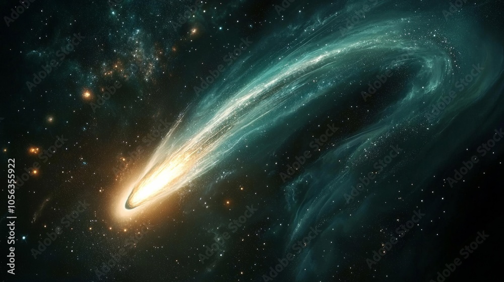 Fototapeta premium comet's bright tail shines against the dark expanse of the universe, with swirling galaxies and stardust generative ai