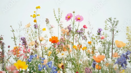 Artistic white backdrop showcasing a colorful cluster of wildflowers in bloom, highlighting the diverse and vivid hues of nature palette