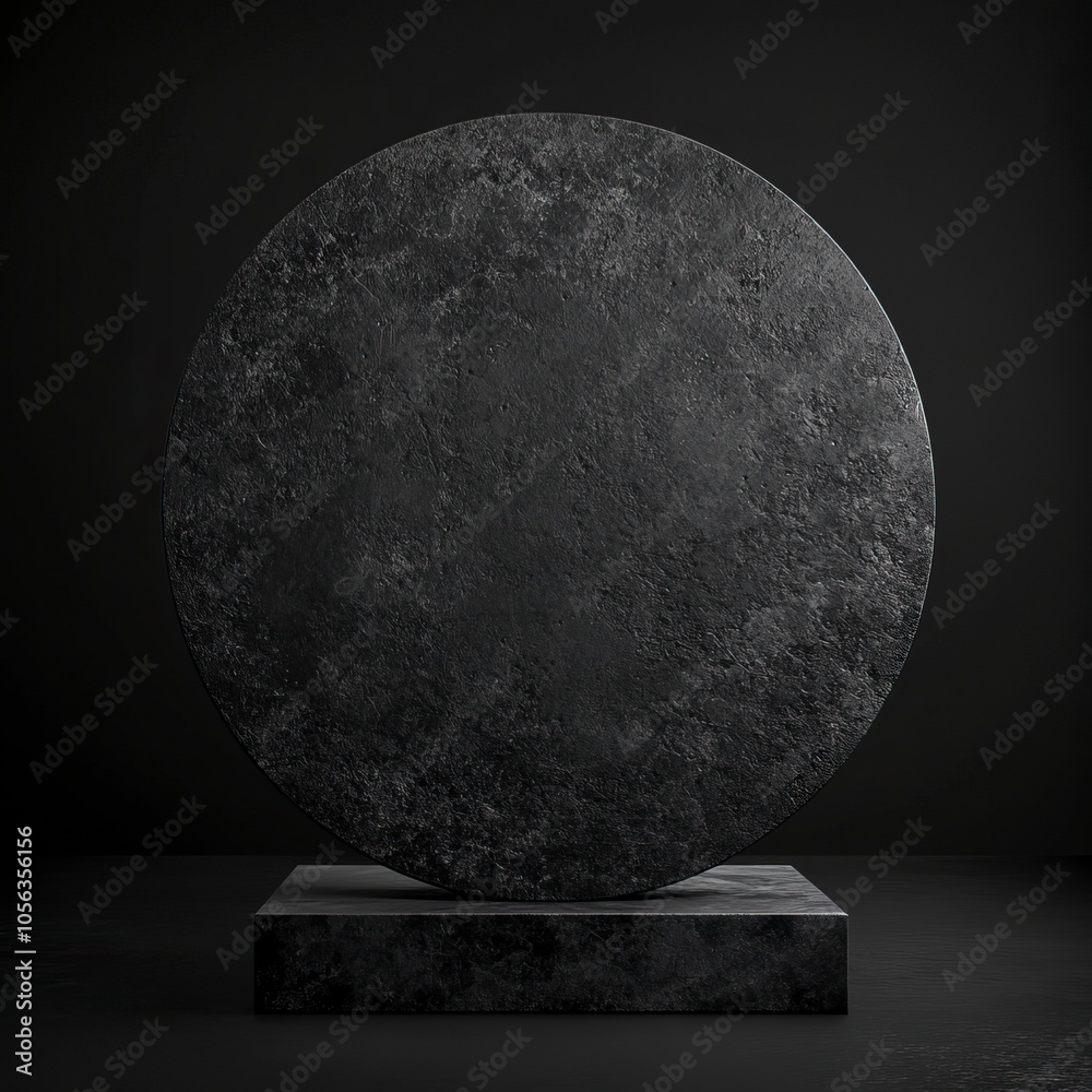 hyper realistic black background image of a circular stand, sitting reflective surface, facade, focus on the subjects texture, ,generative ai