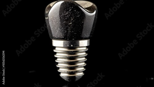 A black ceramic dental crown with a metal screw base is shown against a black background photo