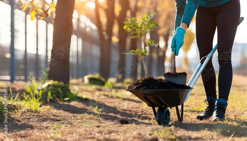 Sustainable Reforestation Efforts with Man Transporting Young Tree Saplings in Wheelbarrow