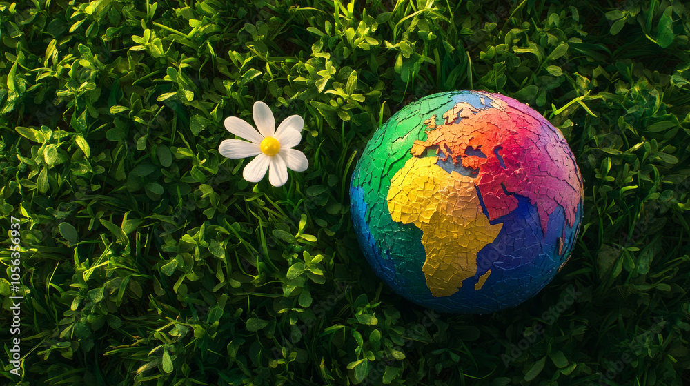 vibrant globe painted in variety of colors rests on green grass beside white flower, symbolizing nature and diversity vibrant globe painted in variety of colors rests on green grass beside white flower, symbolizing nature and diversity