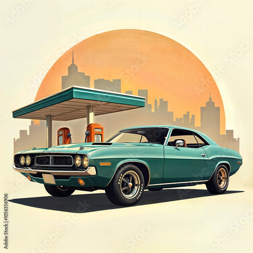 Car gas station in retro style. Classic car with gas station. Smooth PNG version.	