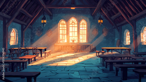 A deserted medieval banquet hall with large windows allowing bright light to pour over ancient wooden beams, generative ai. Medieval Banquet Hall. Illustration photo