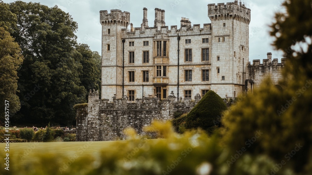 Naklejka premium Artistic white backdrop with Leeds Castle architecture, highlighting the grandeur and elegance of its castle building