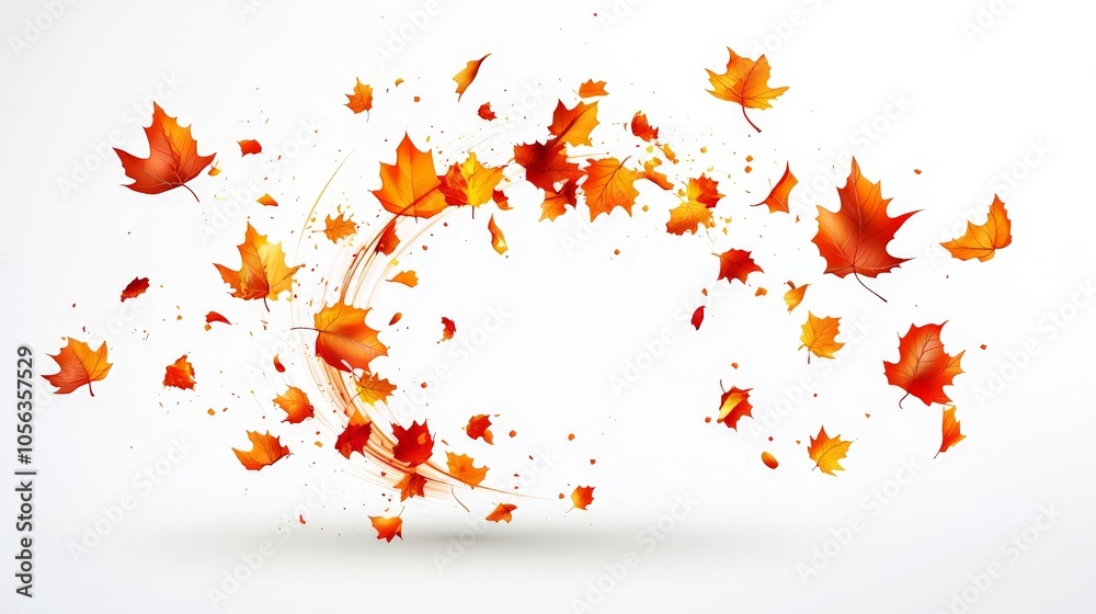 Artistic white background displaying a swirl of autumn maple leaves falling, evoking the dynamic movement and beauty of the fall season in a clean style Artistic white background displaying a swirl of autumn maple leaves falling, evoking the dynamic movement and beauty of the fall season in a clean style