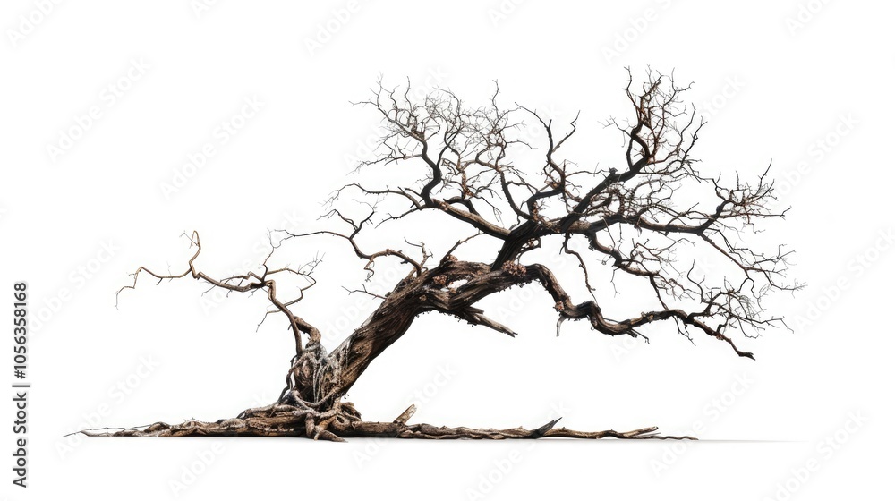 A single, isolated, old dead tree with cracked bark on a white background in the fall season A single, isolated, old dead tree with cracked bark on a white background in the fall season