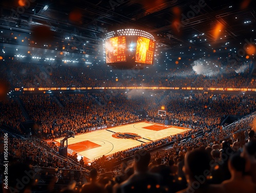 A basketball court with a large crowd cheering, illuminated by spotlights with confetti falling from the ceiling.