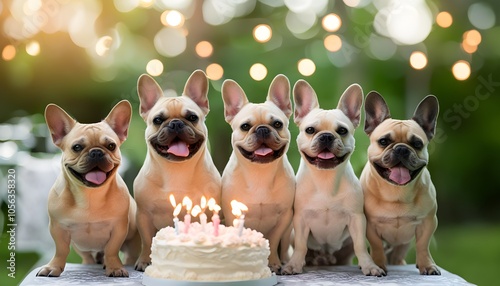 Adorable small dogs celebrate a joyful birthday with cake and candles in a fun gathering of furry friends