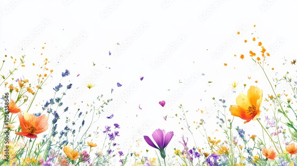 Artistic white background with a burst of colorful wildflowers in bloom, capturing the lively and cheerful nature of the floral display Artistic white background with a burst of colorful wildflowers in bloom, capturing the lively and cheerful nature of the floral display