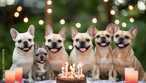 Adorable small dogs celebrate a joyful birthday with cake and candles in a fun gathering of furry friends