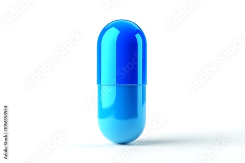 Shiny blue pill standing on white background representing healthcare, medicine and treatment