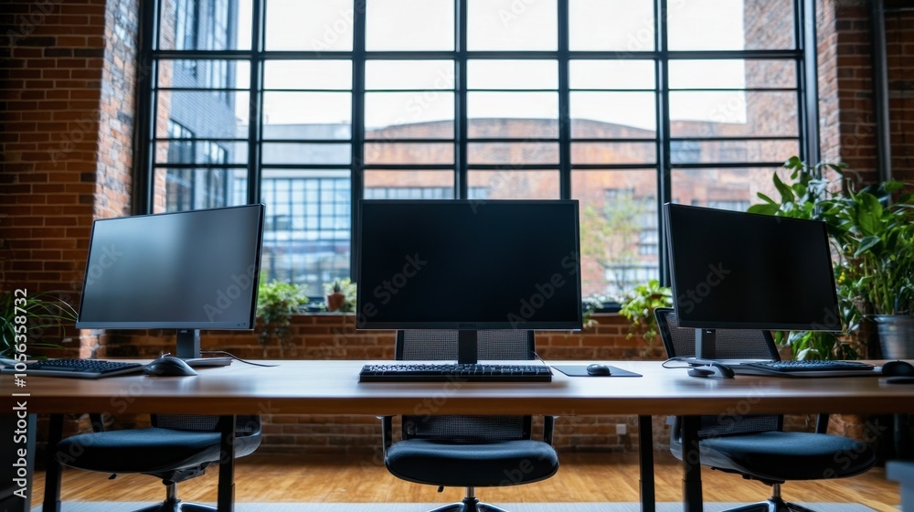 Modern Office Workspace with Large Windows and Plants Modern Office Workspace with Large Windows and Plants
