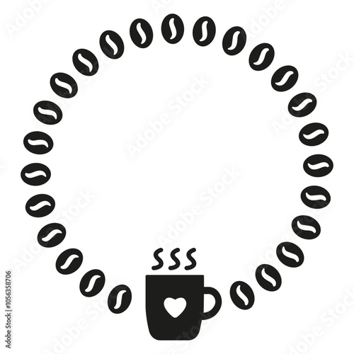 Round simple coffee frame and mug with hot drink in flat style. Circle coffee beans vector design. Decorative element for cafe and restaurant menu, banners, posters, invitations, packaging