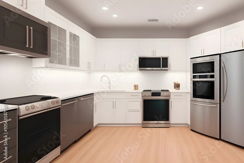 Connected home technology with smart appliances like a fridge, coffee maker, and oven, powered by IoT