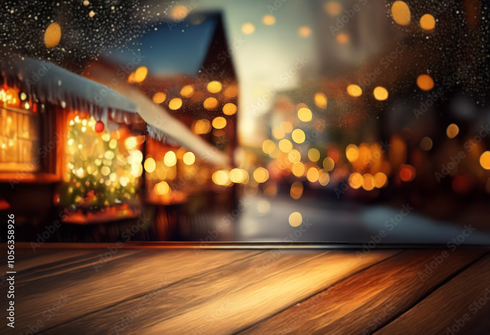 A blurred background of a festive, snowy, Christmas market, with a wooden tabletop in the foreground. A blurred background of a festive, snowy, Christmas market, with a wooden tabletop in the foreground.
