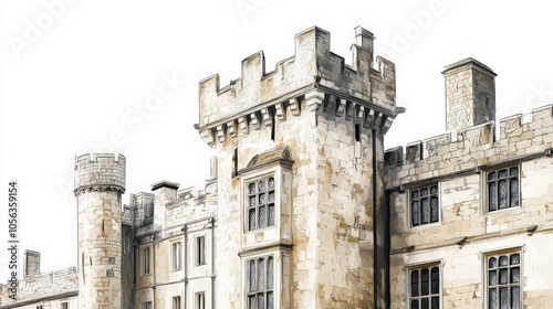 Wallpaper Mural Artistic white background with Leeds Castle architectural details, highlighting the grandeur and history of its castle building Torontodigital.ca