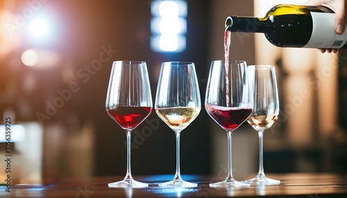 Elegant display of luxury red and white wine glasses arranged on a rustic wooden table