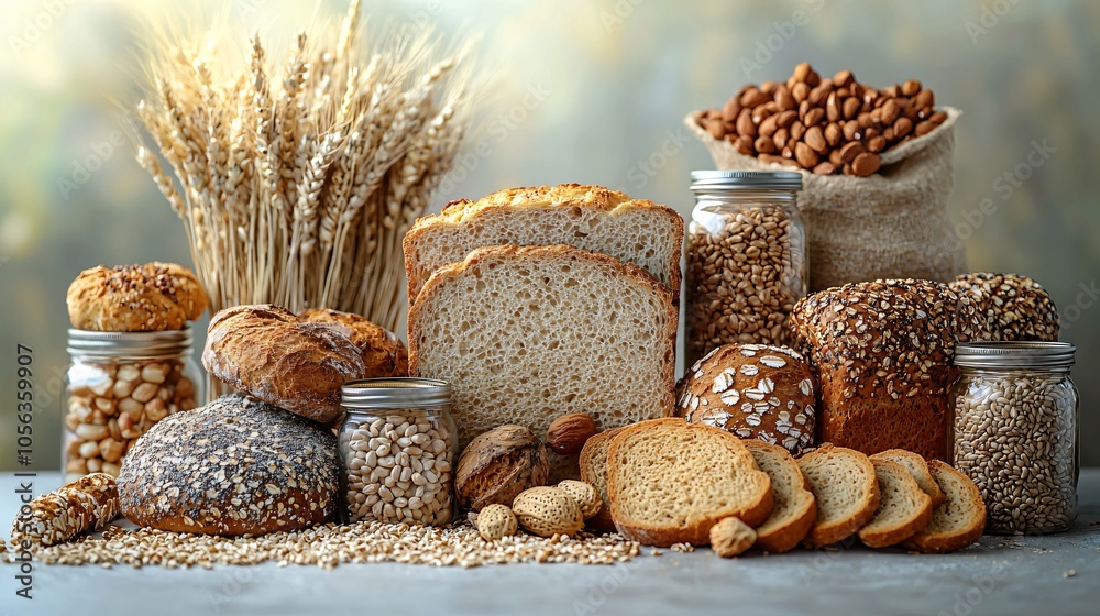 Artfully arranged assortment of whole grain, sourdough, and artisanal breads, ideal for promoting World Vegan Month and healthy eating initiatives. Artfully arranged assortment of whole grain, sourdough, and artisanal breads, ideal for promoting World Vegan Month and healthy eating initiatives.