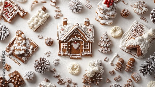 Artistic white surface displaying a delightful gingerbread house Christmas dessert, with winter-inspired decorations and sweet accents