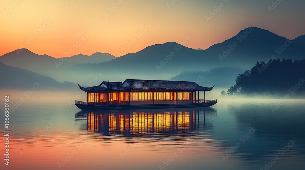 Serene Floating Pavilion at Sunrise in Misty Mountains Serene Floating Pavilion at Sunrise in Misty Mountains