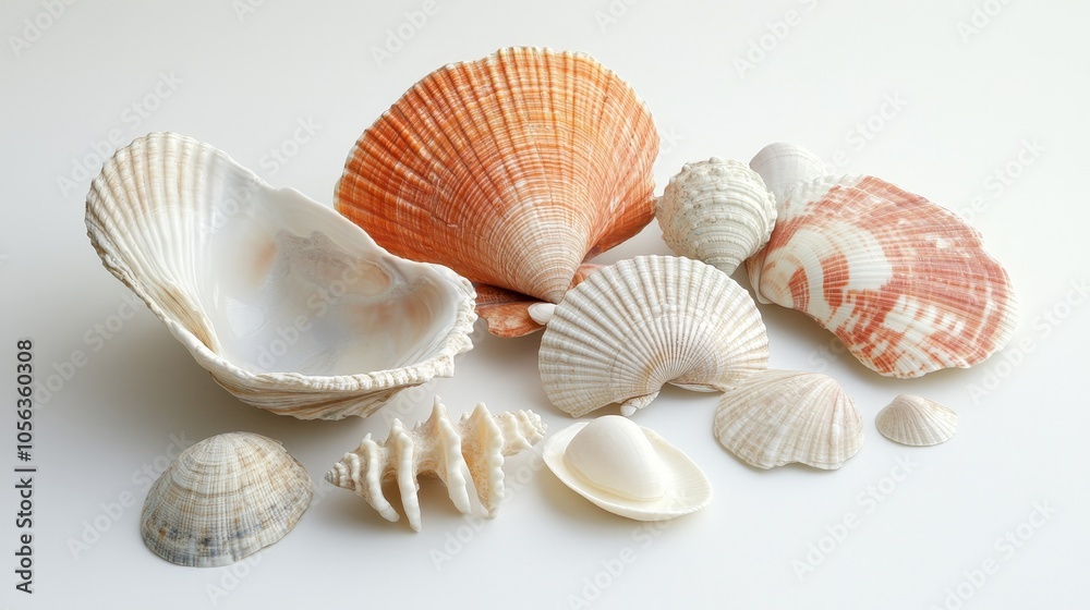 Artistic white surface displaying a single clam and assorted seashells, highlighting their unique features and the natural charm of these ocean finds Artistic white surface displaying a single clam and assorted seashells, highlighting their unique features and the natural charm of these ocean finds