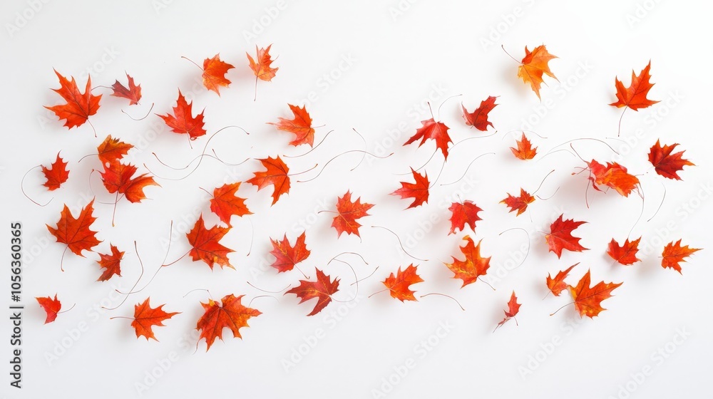 Artistic white surface displaying a swirl of falling autumn maple leaves, reflecting the serene and picturesque nature of fall in a clean and effective manner Artistic white surface displaying a swirl of falling autumn maple leaves, reflecting the serene and picturesque nature of fall in a clean and effective manner